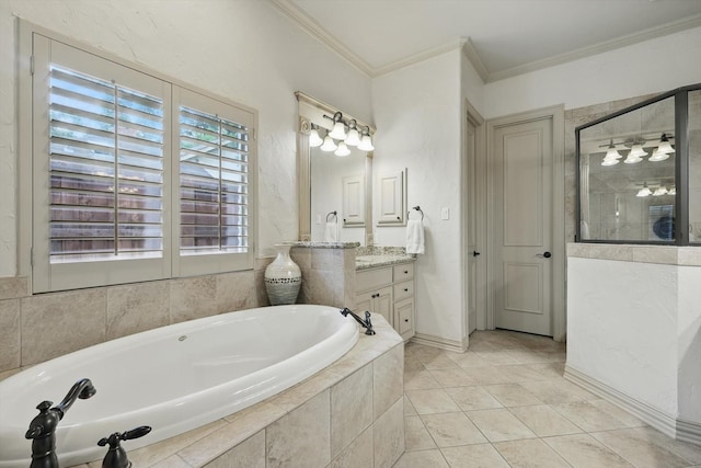 129 Shady Dale Ln, Coppell, TX 75019 - bathroom featuring vanity, a bath, tiled shower, crown molding, and tile patterned floors