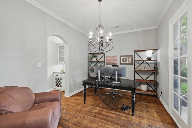 129 Shady Dale Ln, Coppell, TX 75019 - home office with arched walkways, a chandelier, wood finished floors, crown molding, and baseboards