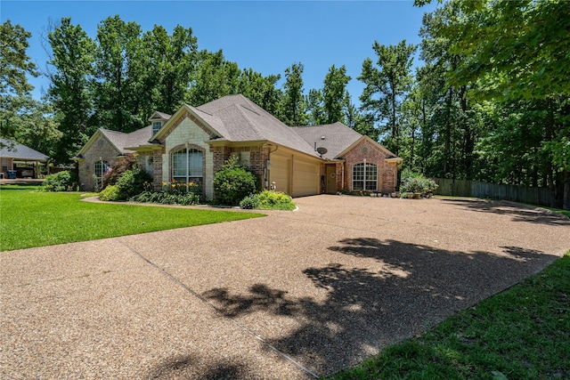 11240 Marsh Wren Cir, Flint, TX 75762 - french provincial home featuring an attached garage, brick siding, driveway, and roof with shingles