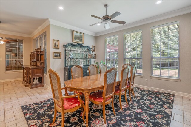 11240 Marsh Wren Cir, Flint, TX 75762 - dining space with a ceiling fan, baseboards, recessed lighting, and ornamental molding