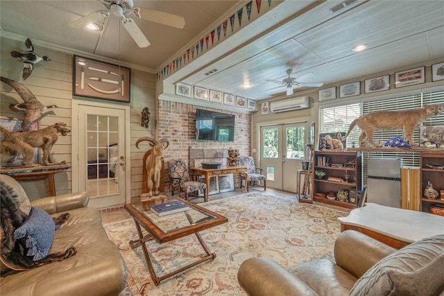 11240 Marsh Wren Cir, Flint, TX 75762 - living area with a ceiling fan, an AC wall unit, crown molding, and recessed lighting
