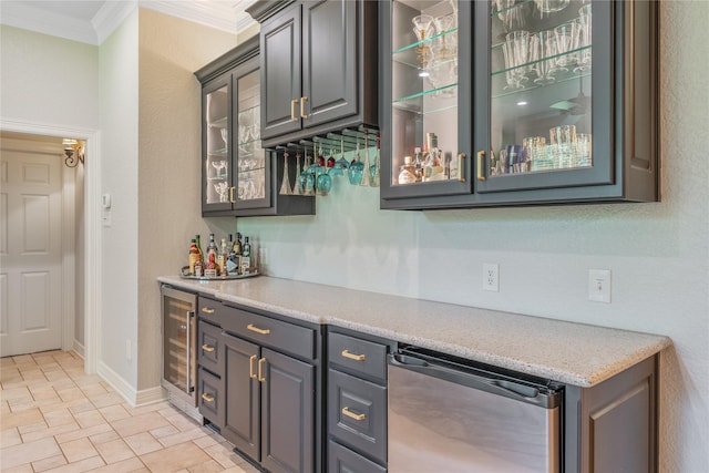 11240 Marsh Wren Cir, Flint, TX 75762 - indoor dry bar with wine cooler, crown molding, dishwasher, and baseboards