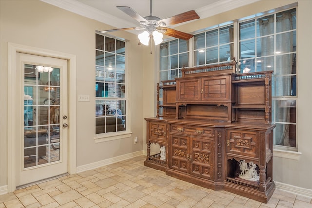 11240 Marsh Wren Cir, Flint, TX 75762 - unfurnished office featuring stone tile floors, baseboards, ceiling fan, and crown molding