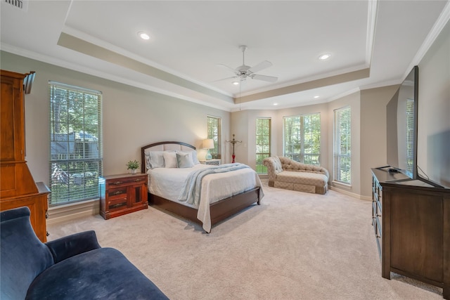 11240 Marsh Wren Cir, Flint, TX 75762 - bedroom with a raised ceiling, light carpet, ornamental molding, recessed lighting, and ceiling fan
