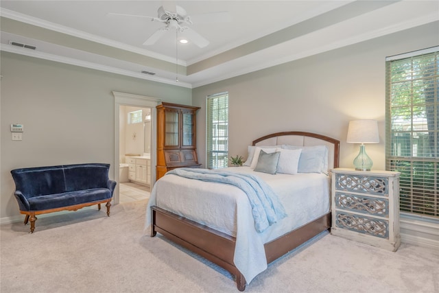 11240 Marsh Wren Cir, Flint, TX 75762 - carpeted bedroom with crown molding, ensuite bathroom, and ceiling fan