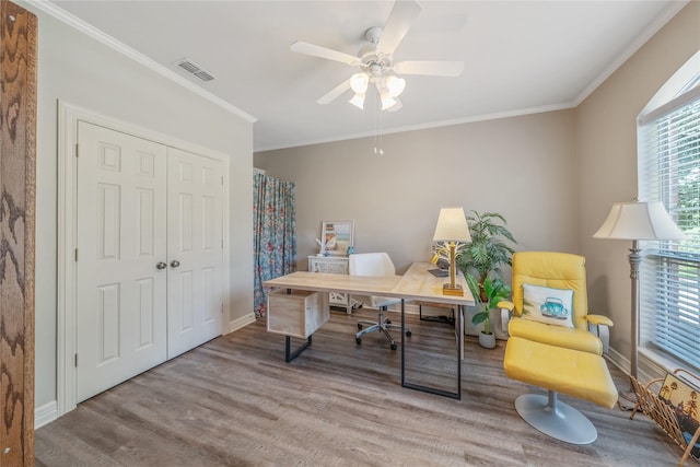 11240 Marsh Wren Cir, Flint, TX 75762 - office space featuring wood finished floors, ornamental molding, ceiling fan, and baseboards