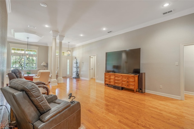 11240 Marsh Wren Cir, Flint, TX 75762 - living area featuring decorative columns, ornamental molding, light wood-style floors, baseboards, and recessed lighting