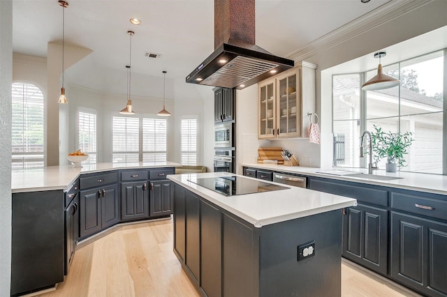 2006 Timber Cove Ct, Weatherford, TX 76087 - kitchen with a center island, exhaust hood, stainless steel appliances, a sink, and plenty of natural light