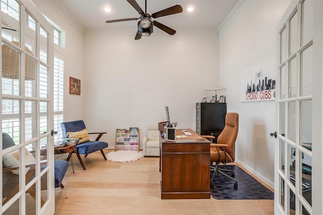 2006 Timber Cove Ct, Weatherford, TX 76087 - office space with french doors, a ceiling fan, baseboards, crown molding, and recessed lighting