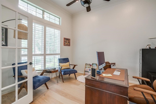 2006 Timber Cove Ct, Weatherford, TX 76087 - office area with a ceiling fan, light wood finished floors, crown molding, and baseboards