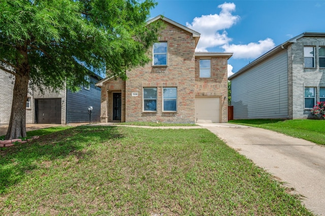 7130 Sorcey Rd, Dallas, TX 75249 - traditional-style home featuring concrete driveway, brick siding, a garage, and a front yard
