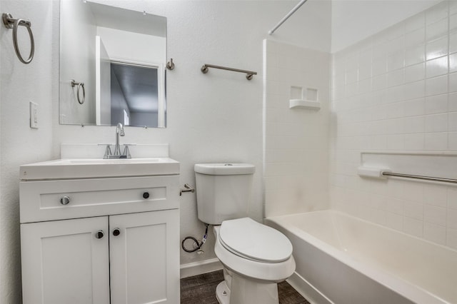 7130 Sorcey Rd, Dallas, TX 75249 - bathroom featuring toilet, vanity, baseboards, and shower / bath combination