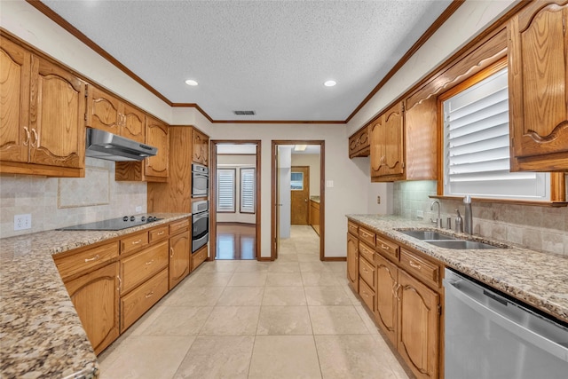 3308 Red Cliff Cir, Temple, TX 76502 - kitchen featuring appliances with stainless steel finishes, under cabinet range hood, a sink, a textured ceiling, and crown molding