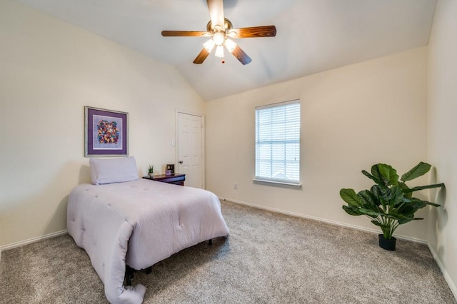 9807 Asheboro St, Frisco, TX 75035 - bedroom with carpet flooring, lofted ceiling, baseboards, and ceiling fan