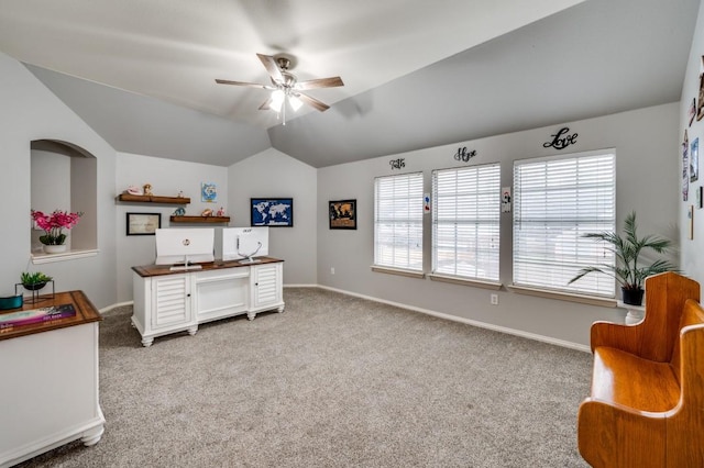 9807 Asheboro St, Frisco, TX 75035 - home office with a ceiling fan, light carpet, lofted ceiling, and baseboards