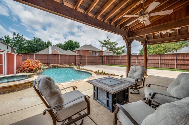 9807 Asheboro St, Frisco, TX 75035 - view of pool featuring a fenced backyard, a patio, a ceiling fan, and a pool with connected hot tub