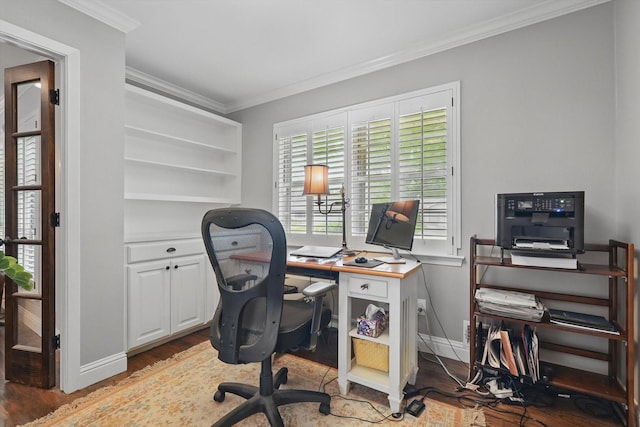 612 Twilight Trl, Richardson, TX 75080 - office area featuring wood finished floors and crown molding