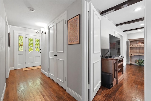 612 Twilight Trl, Richardson, TX 75080 - hallway featuring wood finished floors, recessed lighting, and beam ceiling