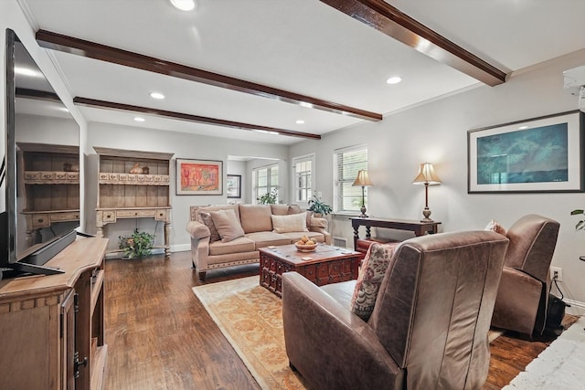 612 Twilight Trl, Richardson, TX 75080 - living area with beamed ceiling, dark wood finished floors, and recessed lighting