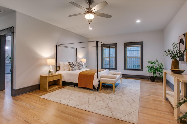 936 N Windomere Ave, Dallas, TX 75208 - bedroom with light wood finished floors, ceiling fan, and recessed lighting