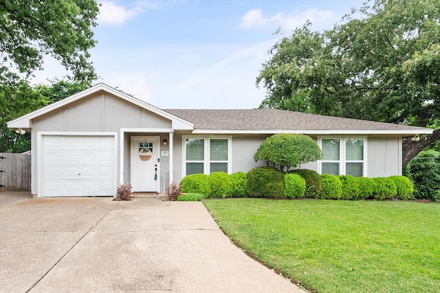 3809 Springtime Ct, Arlington, TX 76017 - ranch-style home with a garage, driveway, a front yard, and roof with shingles