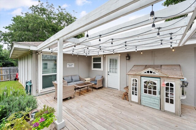 3809 Springtime Ct, Arlington, TX 76017 - wooden terrace featuring an outdoor hangout area and a pergola