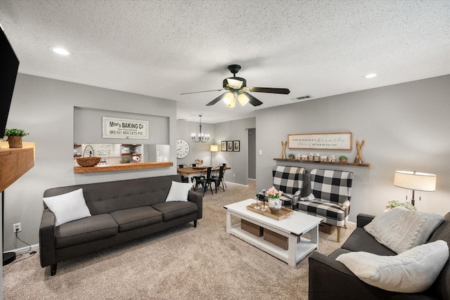 3809 Springtime Ct, Arlington, TX 76017 - living area featuring carpet floors, a ceiling fan, a chandelier, a textured ceiling, and recessed lighting