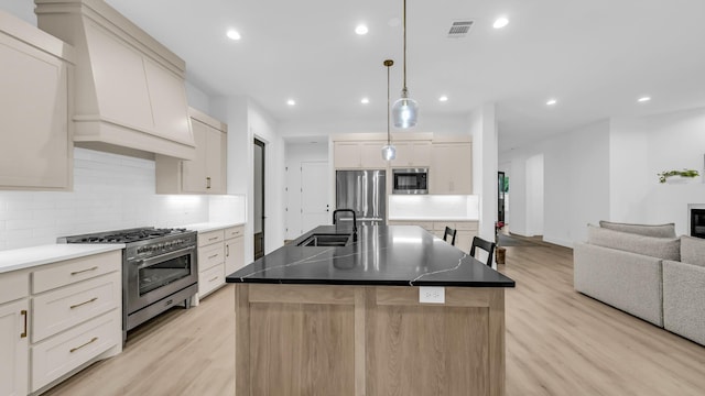 141 Lakeside Dr, Lipan, TX 76462 - kitchen with stainless steel appliances, a sink, light wood-type flooring, open floor plan, and decorative backsplash
