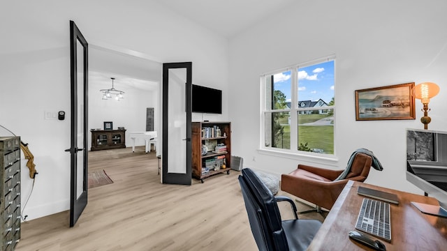 141 Lakeside Dr, Lipan, TX 76462 - office space featuring light wood-style flooring, baseboards, and a towering ceiling