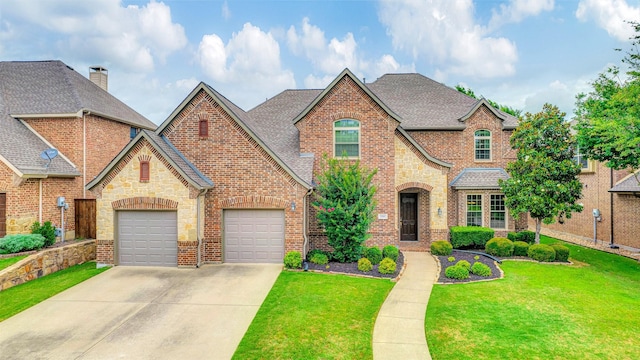 1200 Thornberry Dr, Mckinney, TX 75071 - view of front facade featuring driveway, brick siding, a front lawn, a shingled roof, and stone siding