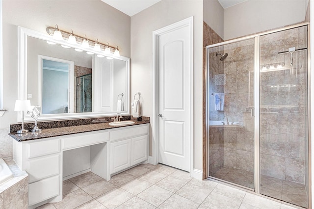 1200 Thornberry Dr, Mckinney, TX 75071 - bathroom featuring a stall shower, vanity, a garden tub, and tile patterned floors