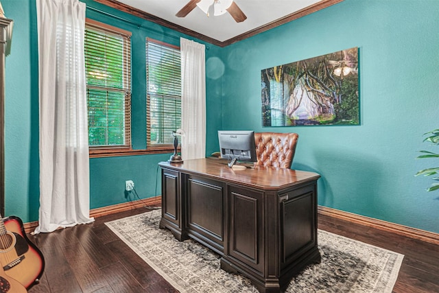 1200 Thornberry Dr, Mckinney, TX 75071 - office featuring a ceiling fan, dark wood-style flooring, baseboards, and crown molding