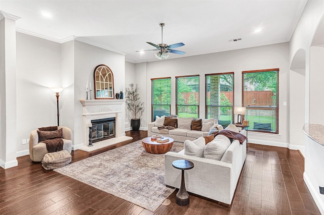 1200 Thornberry Dr, Mckinney, TX 75071 - living area with a ceiling fan, dark wood-style floors, baseboards, a glass covered fireplace, and crown molding
