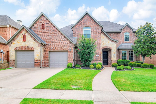 1200 Thornberry Dr, Mckinney, TX 75071 - french country home with driveway, a front lawn, brick siding, roof with shingles, and stone siding