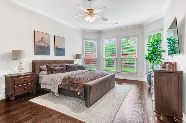 1200 Thornberry Dr, Mckinney, TX 75071 - bedroom featuring dark wood finished floors, ornamental molding, baseboards, and ceiling fan