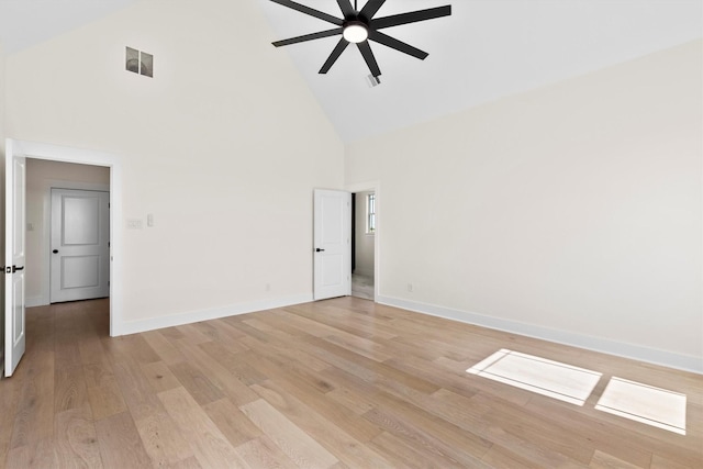 1128 Dixie Estates Way, Whitesboro, TX 76273 - unfurnished room with high vaulted ceiling, a ceiling fan, baseboards, and light wood-style flooring
