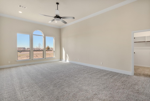 1022 Foolish Pleasure Dr, Terrell, TX 75160 - empty room featuring a ceiling fan, light carpet, crown molding, baseboards, and recessed lighting
