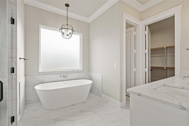 4665 Christie Ave, Caddo Mills, TX 75135 - full bath with ornamental molding, a freestanding tub, marble look tiles, a shower stall, and double vanity