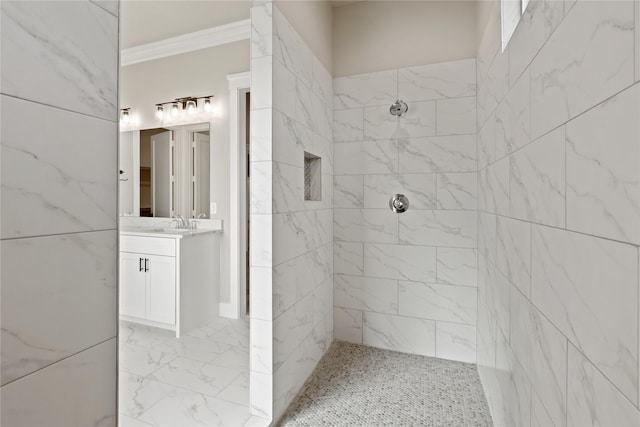 4665 Christie Ave, Caddo Mills, TX 75135 - full bathroom featuring a tile shower, vanity, ornamental molding, and marble finish floors
