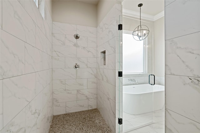 4665 Christie Ave, Caddo Mills, TX 75135 - full bathroom featuring a stall shower, crown molding, a chandelier, and a soaking tub