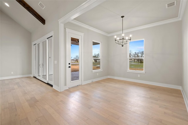4665 Christie Ave, Caddo Mills, TX 75135 - empty room with a chandelier, healthy amount of natural light, light wood finished floors, baseboards, and ornamental molding