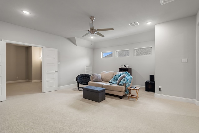 11415 Four Roses Trl, Frisco, TX 75035 - living area with ceiling fan, light colored carpet, baseboards, and recessed lighting