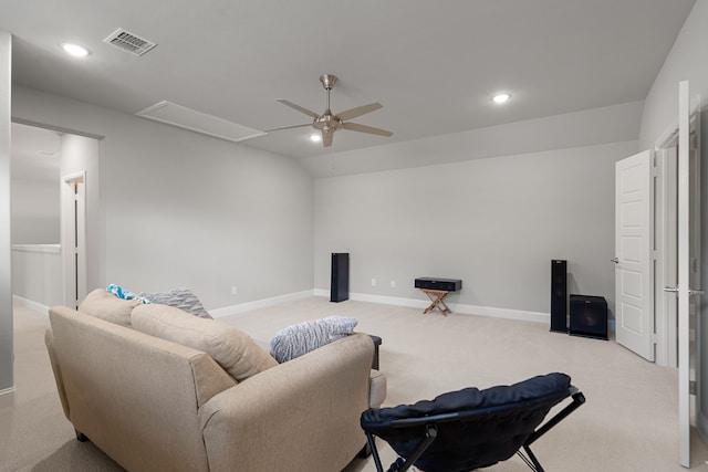 11415 Four Roses Trl, Frisco, TX 75035 - living room with ceiling fan, light colored carpet, recessed lighting, baseboards, and lofted ceiling