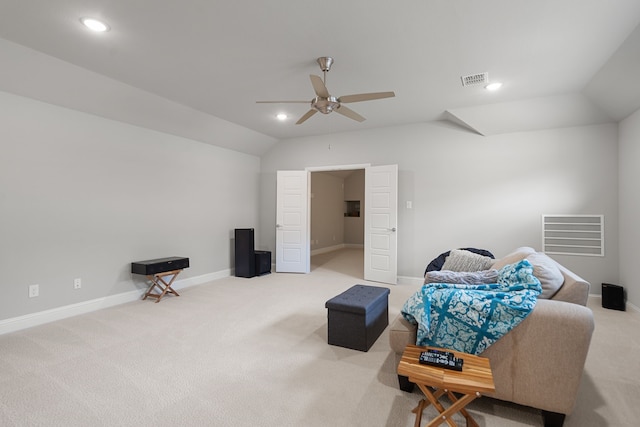 11415 Four Roses Trl, Frisco, TX 75035 - living area with ceiling fan, light carpet, lofted ceiling, baseboards, and recessed lighting