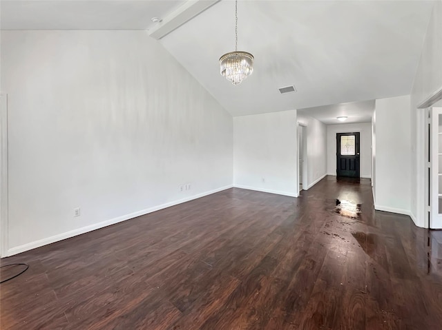 6133 Chalk Hollow Dr, Fort Worth, TX 76179 - unfurnished living room featuring dark wood-type flooring, a chandelier, and baseboards
