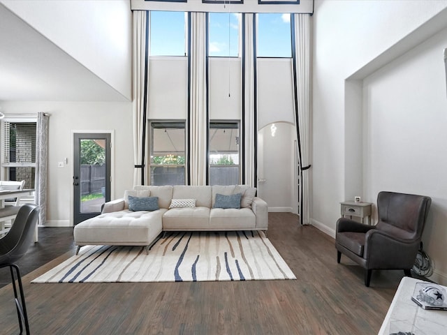 2505 Trailhead Dr, Fort Worth, TX 76177 - living area featuring a towering ceiling, dark wood-type flooring, and baseboards