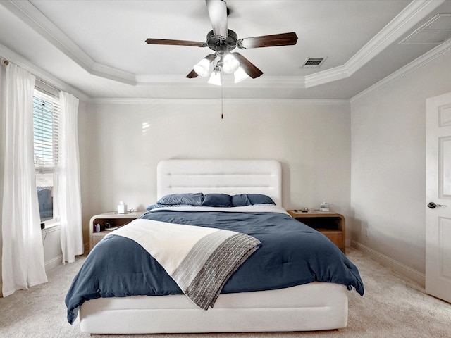 2505 Trailhead Dr, Fort Worth, TX 76177 - bedroom with a raised ceiling, light colored carpet, ornamental molding, baseboards, and ceiling fan