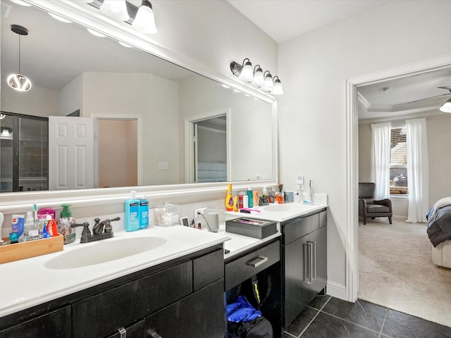 2505 Trailhead Dr, Fort Worth, TX 76177 - ensuite bathroom featuring double vanity, a tile shower, and tile patterned floors