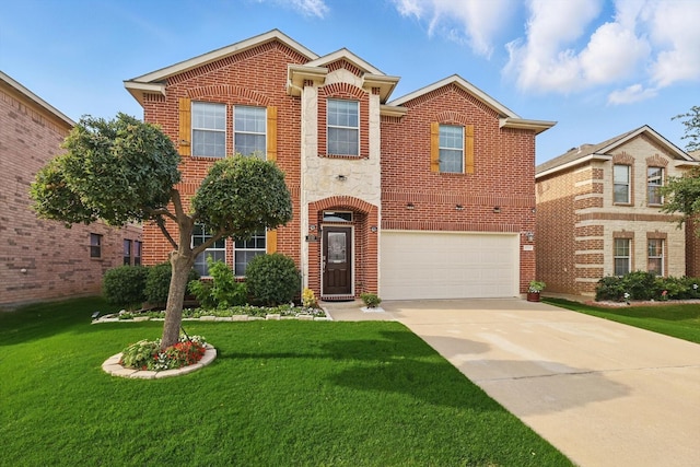 1717 Quail Grove Dr, Fort Worth, TX 76177 - view of front of house with brick siding, an attached garage, a front lawn, and concrete driveway
