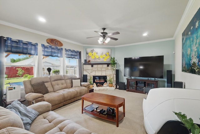 1717 Quail Grove Dr, Fort Worth, TX 76177 - living area with ornamental molding, a ceiling fan, a stone fireplace, carpet, and an AC wall unit